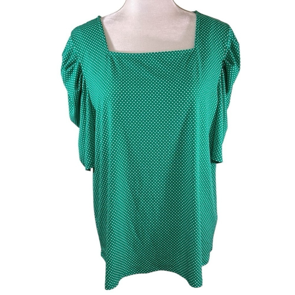 NWT- Adrianna Papell- Green Polkadot Puff Sleeve Square Neck Blouse- Size XL